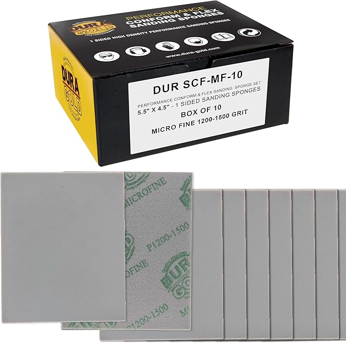 Dura-Gold Microfine Cut Sanding Sponges, Box of 10-5.5" x 4.5" (1200 to 1500 Grit) Performance Conform & Flex Wet or Dry Flexible Softback Sandpaper Sponges, Hand Block Wood Drywall Metal Auto Paint