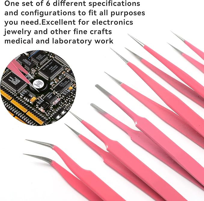 H&W Pink Precision Tweezers 6PCS Set, Upgraded Anti-Static Stainless Steel Curved of Tweezers for Women, for Electronics, Laboratory Work, Jewelry-Making, Craft, with Storage Bag