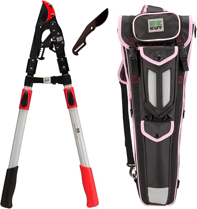 EZ Kut Tree Trimming Combo Kit ??Includes 42" Extendable Ratcheting Lopper + Sling Pak Sheath + Bonus Replacement Blade ??Heavy Duty Garden Tools Set, Pruning Shears for Thick Branches (Pink Pack)