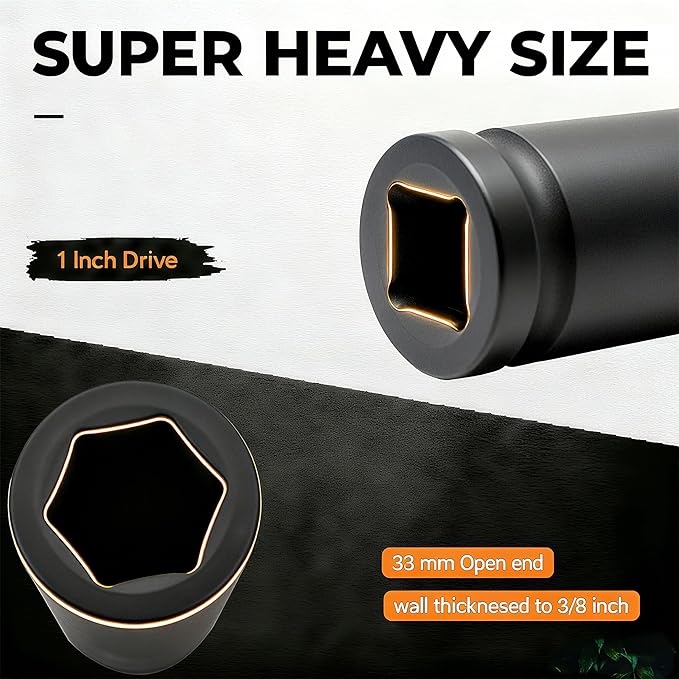 1 Inch Driver 33mm Extra Deep Impact Socket, 7.9 inch Length Deep Axle Nut Socket,6 Point Cr-Mo Deep Truck Wheel Nut Socket,Radius Corner Design, Chamfered Opening