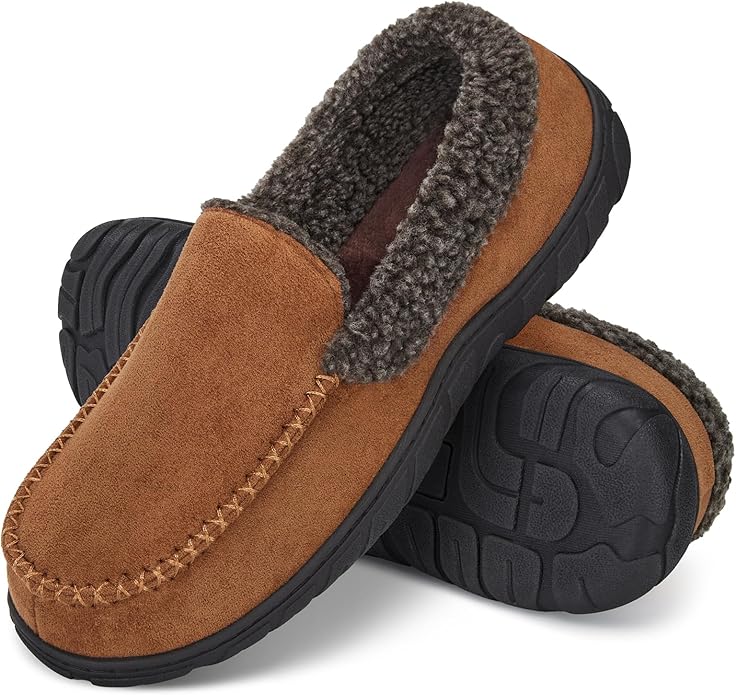 ATHMILE Men's Moccasin House Slippers, Memory Foam Arch Support, Plush Fuzzy Lining, Non-Slip Rubber Sole for Indoor/Outdoor Winter Comfort