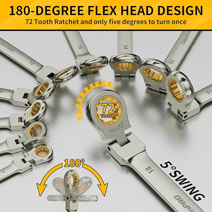 GRENPRO 23PCS Flex-Head Ratcheting Wrench Set, Combination Ratchet Wrenches Set Metric and Standard & SAE with Organizer Box, 6-18mm & 1/4" to 3/4" with Color Ring, Nickel Plating Socket Mechanic Tool