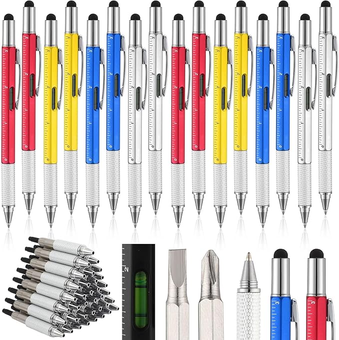 Yeaqee 16 Pcs Stocking Stuffers Bulk for Men 6 in 1 Screwdriver Multi Tool Pens with Refills Ruler Level Gauge for Party Favor Father's Christmas White Elephant Gifts (Classic Color)