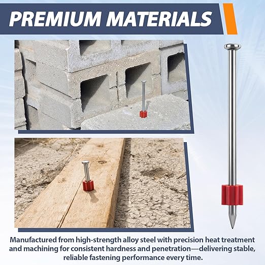 200 Pcs 3" Powder Actuated Fasteners, Sturdy Steel Drive Pins with Red Anti-jam Flute, Single Pin Concrete Nails for Concrete Steel, Fits Most Powder Actuated Tools