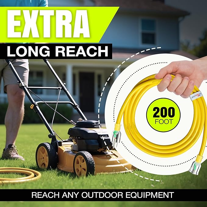 200ft Outdoor/Indoor Extension Cord 14/3 Gauge Heavy Duty 3 Prong SJTW, Waterproof, Flexible Cold-Resistant Long Power Cord,7A 125V 875W, Yellow by LifeSupplyUSA