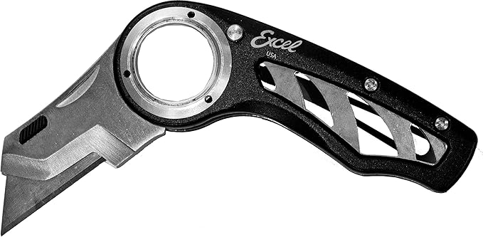 Excel Blades Revo Folding Utility Knife ??Heavy-Duty Box Cutter with Aluminum Body, Quick-Change #92 Blades, 3 Lock Positions Design, Anti-Slip Finger Loop Grip, Holster Included ??Black