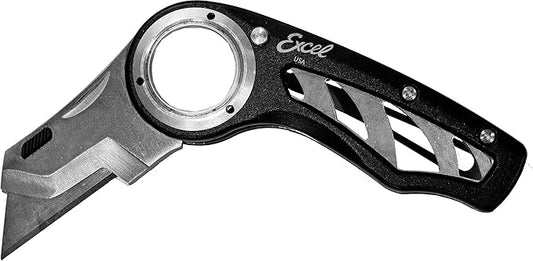 Excel Blades Revo Folding Utility Knife ??Heavy-Duty Box Cutter with Aluminum Body, Quick-Change #92 Blades, 3 Lock Positions Design, Anti-Slip Finger Loop Grip, Holster Included ??Black