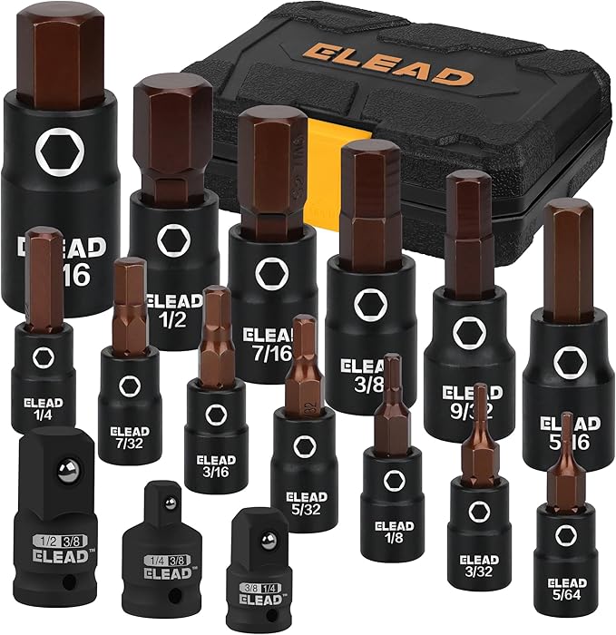 16-Piece SAE Hex Bit Impact Socket Set - Premium S2 Steel 5/64"-9/16" Allen Socket Set with Socket Adapters, 1/4?? 3/8??and 1/2??Drive | Professional Mechanic Garage Tools