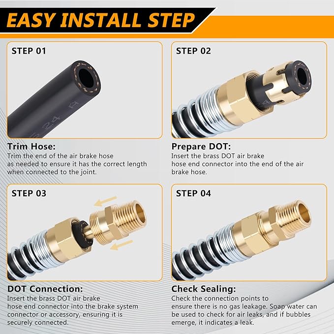 Brass DOT Air Brake Hose End Fitting, Dazakoot 3/8??Hose x 1/2??Male Connector with Spring Guard, Air Brake Connector for Semi Truck - 8 Pack End Fitting & 8 Pack Sleeve Tube