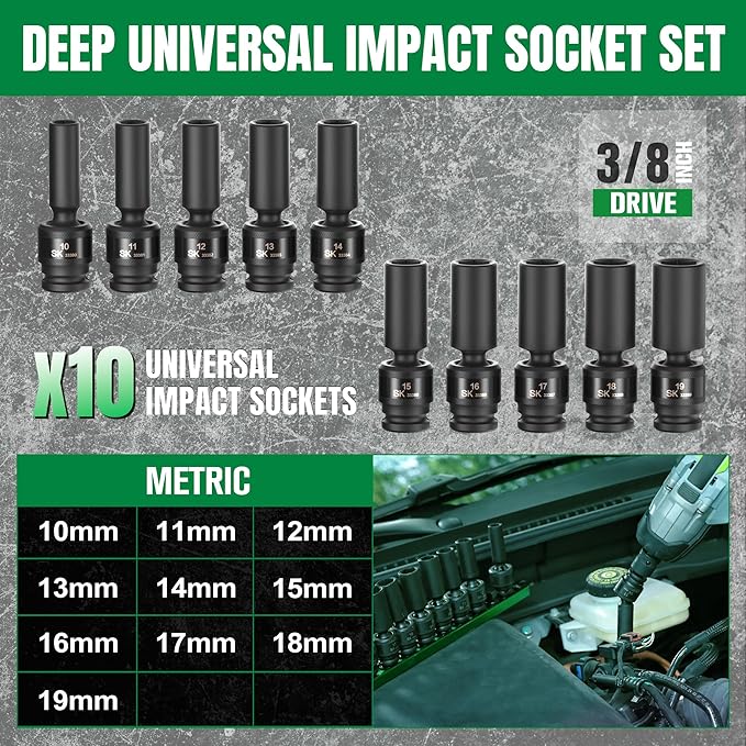 SK 3/8" Drive Universal Impact Socket Set, Deep Swivel Impact sockets, Metric, 10-Piece, 10-19 mm, Premium CR-MO Steel, SureGrip 6 Point Design, With Storage Rail