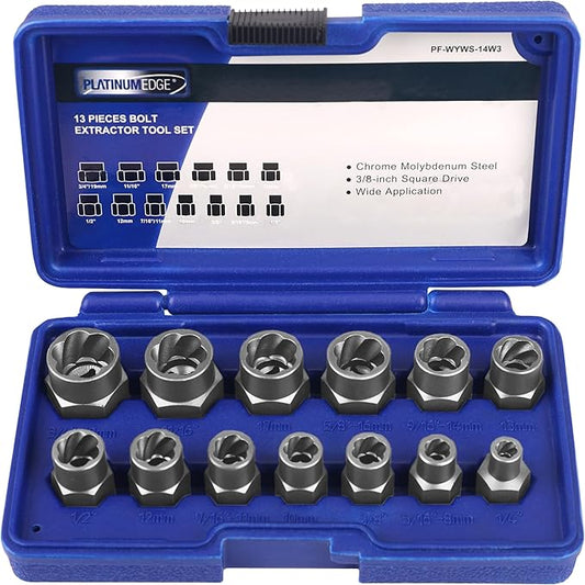 PLATINUMEDGE 13 Pieces Impact Bolt & Nut Remover Set, Stripped Bolt Extractor Set, Cr-Mo Extraction Tool Set with Solid Storage Case, Easy Out Rusted Rounded Damaged Nuts and Bolts