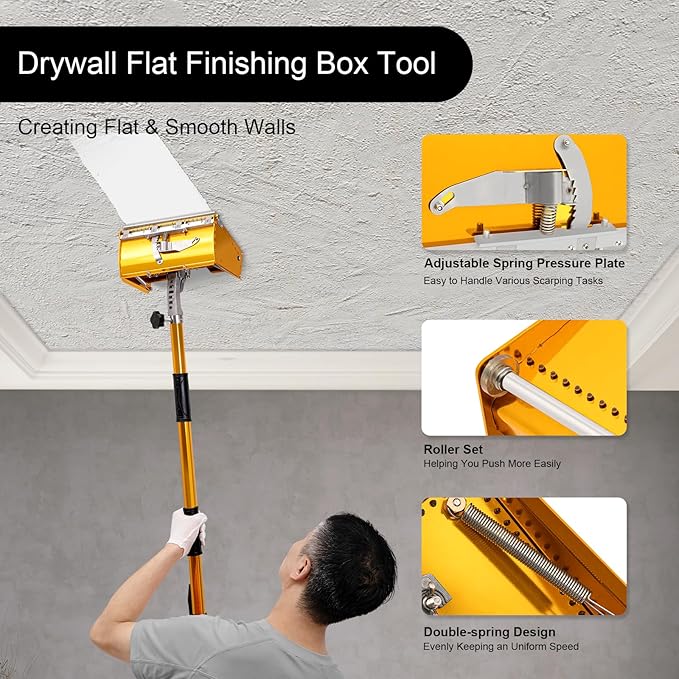 Drywall Flat Finishing Box Tool + Handle | Drywall Finishing Tools Setw/2.95-4.92ft Adjustable Handle Extension | Mud Drywall Skimming Blade | Quick Clean | Pro-Grade