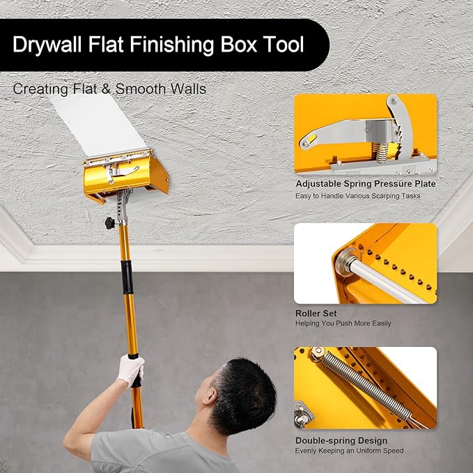 Drywall Flat Finishing Box Tool, Aluminum Drywall Taping Flat Finishing Polishing Tool with Adjustable Rod 2.95ft to 4.92ft for Plasterboard Wallboard Sheetrock Finishing