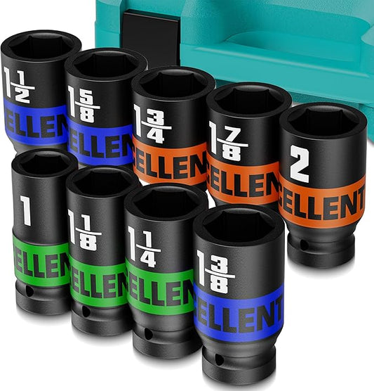 9 Pieces 1-Inch Drive Impact Socket Set, 1" to 2" Jumbo Socket, 6 Point SAE Sockets for Automotive Repair, Equipment Maintenance