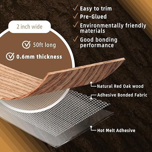 GSCIT Club Red Oak Edge Banding, 2 inch x 50ft roll of Veneer Edge Banding -Pre-glued Flexible, Real Wood Tape Banding for Cabinet Repair Furniture Restoration, (ZYKJ-2-50-RedOak)