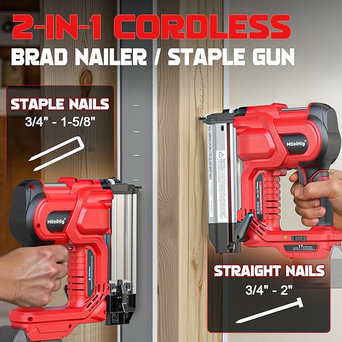 Cordless 2" Brad Nailer Compatible with Milwaukee Battery(No Battery), 2-in-1 Electric Nail Gun/Staple Gun, 18 Gauge Nail Gun Battery Powered with 1000 Nails for Wood Carpentry