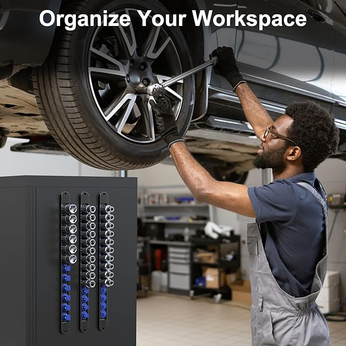 FivePears 3PCS 360째 Socket Organizer Twist Lock,3/8 1/4 1/2 Socket Storage Rails, Premium Quality Socket Holders for Tool Box 竊똖ool Carts竊똂ontains up to 40 Clips (Blue, Red and Black)