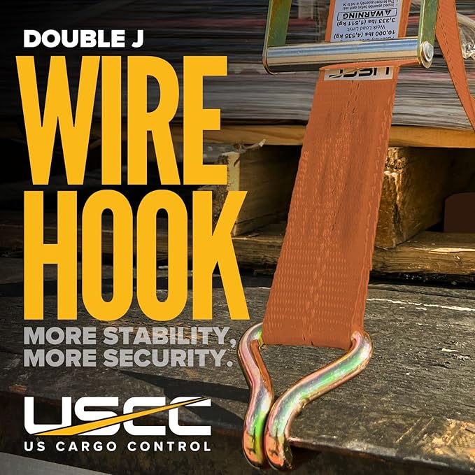 US Cargo Control Wire Hook Ratchet Strap 2 Inch x 30 Foot, 10,000 LBS Break Strength, Ratchet Straps Heavy Duty with Double J Hooks, Orange Cargo Tie Downs for Flatbed Trailers and Trucks