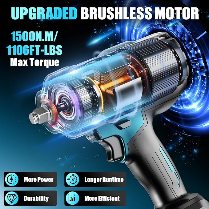 1/2" Cordless Impact Wrench, 1106Ft-lbs (1500N.m) Brushless Impact Gun, 2x4.0Ah Batteries, Max 4200RPM with Reverse Auto-Stop & LED Light for Car Truck Lug Nuts, Auto Repair, Industrial & DIY
