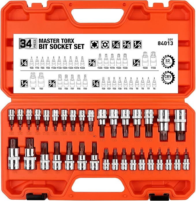 HORUSDY 34-Piece Master Torx Bit Socket Set, Premium S2 Alloy Steel, Solid & Tamper Proof Star Sockets T6-T70 (Tamper Proof from T10 to T70), Complete Kit with Heavy-Duty Storage Case
