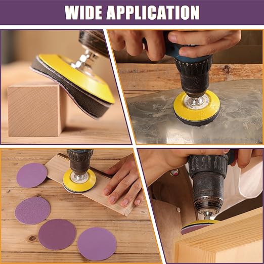 POLIWELL 148Pcs 3 Inch Sanding Discs Hook and Loop, Purple Alumina Abrasive Sandpaper (80-5000 Girt) with 1/4??Backing Pad and Soft Interface Pad for Wood, Metal, Drywall, Polishing, Grinding