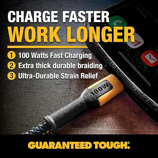 DEWALT Heavy Duty 100W USB C Cable, Jobsite 100 Watt USB C Cable, High Speed Type-C to Type-C, Fast Charge PD USBC Fast Charging Cord for iPhone 17/16/15 Plus Pro Max MacBook iPad Samsung Galaxy, 4 ft