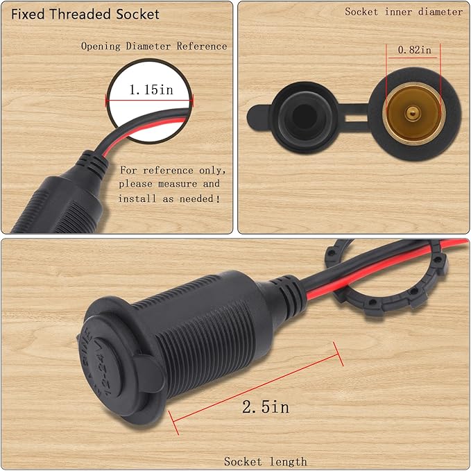 3FT 12V/24V Fixed Thread Cigarette Lighter Socket Extension Cable Automotive Marine Waterproof Outlet Socket Replacement 13AWG Heavy Duty Cable With spare fuse 20a 30a