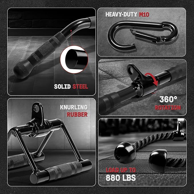 Yes4All Cable Machine Attachment, Row Handles, Tricep Rope, Straight Bar, V Bar, LAT Pulldown Accessories Load 880 LB for Home Gym