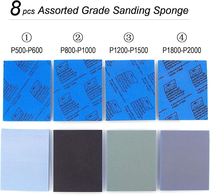 500-2000 Grit Sanding Sponge 8 Pads, 4.5" x 5.5" x 0.2" Assorted Wet or Dry Ultra Fine Hand Sanding Sponges, Flexible Soft Foam Sand Block for Drywall, Corner Contour, Metal Wood, Hobby Model