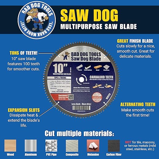 Bad Dog Tools Saw Dog 10 inch Circular Blade with 5/8 inch Arbor Hole. 100-Tooth Carbide Tipped Finish Blade for Wood & Multiple Materials. Use with Circular, Miter or Table Saws