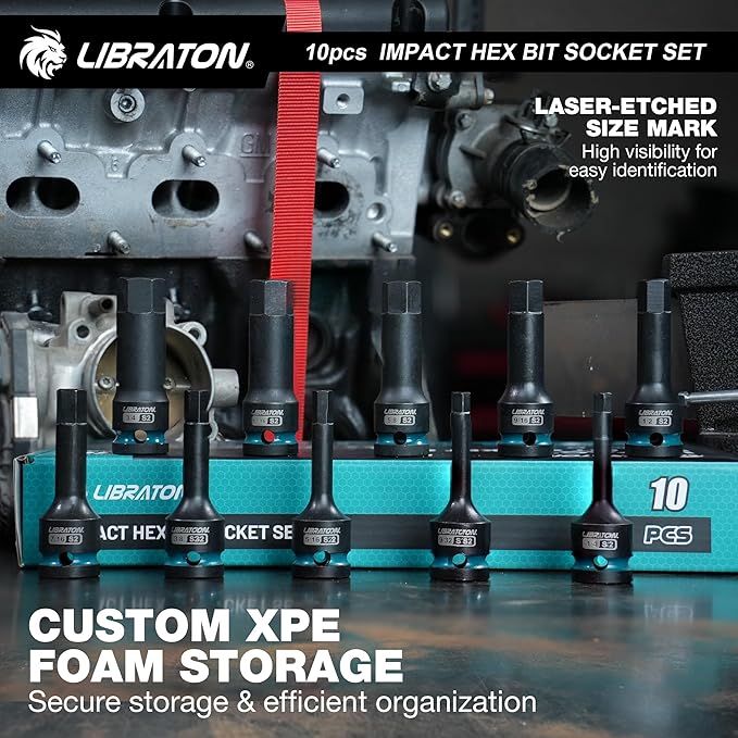 LIBRATON Impact Hex Bit Socket Set, 1/2" Dr, S2 Steel, 10PCS High Torque Sockets (SAE 1/4"-3/4") for Professional Mechanics & Automotive Repair (XPE Storage Case)