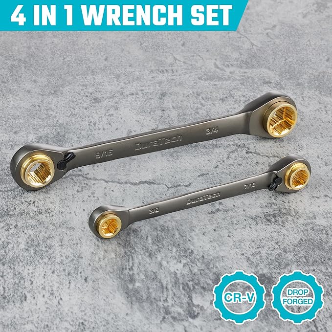 DURATECH Anti-slip 4-in-1 Reversible Ratcheting Box Wrench Set, Double Box End, SAE, 2-Piece, 5/16, 3/8, 7/16, 1/2 & 9/16, 5/8, 11/16, 3/4-Inch, CR-V Steel, Nickel Plated, with Rolling Pouch