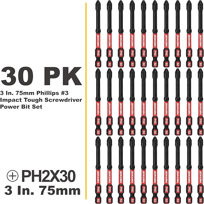 Impact Tough #2 Phillips 3 in. D2 Steel Long Extension Insert Driver Bits,30Pack 1/4 Inch Hex Shank Long Cross Magnetic PH2 Screwdriver Bits Set