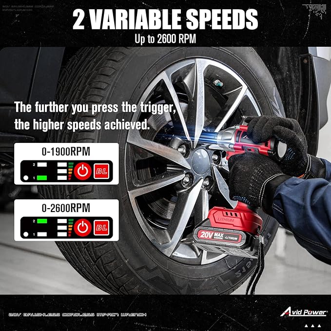 AVID POWER Impact Wrench, 1/2??Impact Gun Brushless Max Torque 332 Ft-lbs (450 N.m), 20V Cordless Impact Wrenches with 2.0 Ah Battery, 2 Variable Speeds, 4PCS Impact Sockets, Charger, Tool Bag
