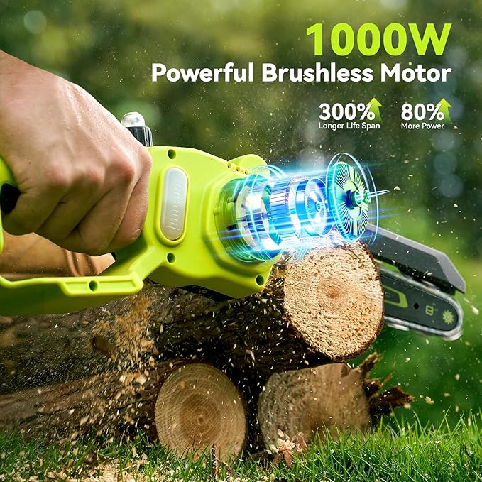 Mini Chainsaw Cordless, 8 Inch & 6 Inch Electric Chainsaw Battery Powered, 1000W Brushless Handheld Power Chain Saw with 2 Batteries, Tree Saw for Branch Trimming Wood Cutting, Gift for Men Women