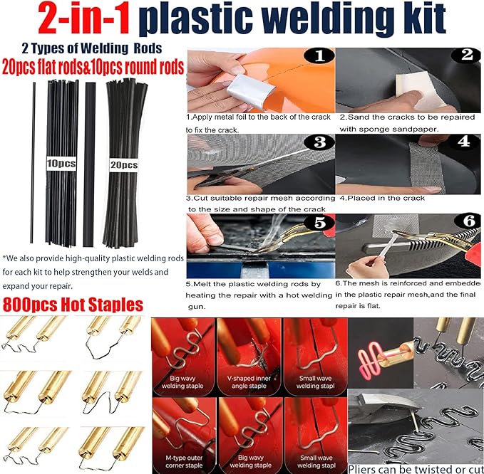 Upgraded 220w Plastic Welder Bumper Repair Kit,2-in-1 Plastic Welding Kit 800PCS Hot Staples & 30pcs Plastic Welding Rods,Hot Stapler Plastic Repair Kit for Car Bumper Kayak Crack Repairs(yellow)
