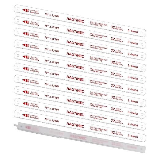 HAUTMEC 10" Hacksaw Blades 32 TPI – 10 Pack Bi-Metal Replacement Blades with High-Speed Steel Teeth and Spring Steel Body, Professional Grade, Fits Most Hacksaw Frames