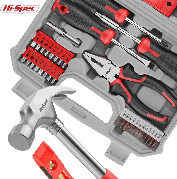 Hi-Spec Tool Set Kit, Red Household First Tool Kit and Starter Tool Set for Home and Office, Compact Easy Carry Toolbox