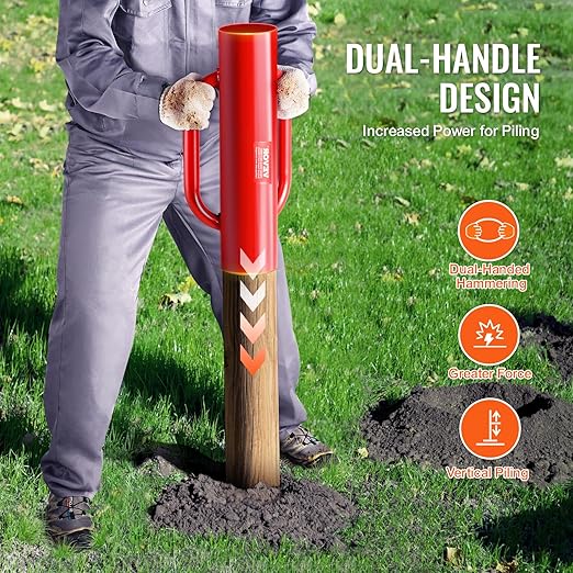 VEVOR Fence Post Driver with Handles, 2.7 in Inner Diameter T Post Pole Pounder, 14LB Heavy Duty Carbon Steel Hand Post Rammer, Farm Fencing Hole Digger for U Channel, Sign Pole, Wooden Post, Red