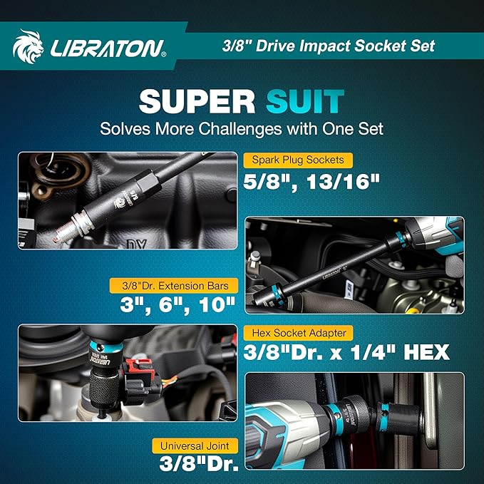 LIBRATON 3/8 Socket Set 90PCS, SAE(5/16-3/4") & Metric(7-19MM) Impact Socket Set, Cr-V Impact Driver Socket, Deep&Shallow, Extension Bars, Ratchet Handle, Screwdriver Bits, Spark Plug Sockets, Adapter