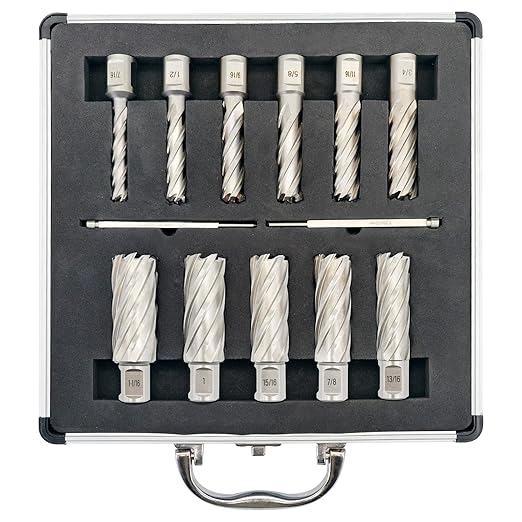 Pro Edge 11pcs Annular Cutter Set, 2" Cutting Depth, 7/16" to 1-1/16" Cutting Diameter, M2 Mag Drill Bits for Magnetic Drill Press with 2 Pilot Pin, for Steel, Aluminum, Copper