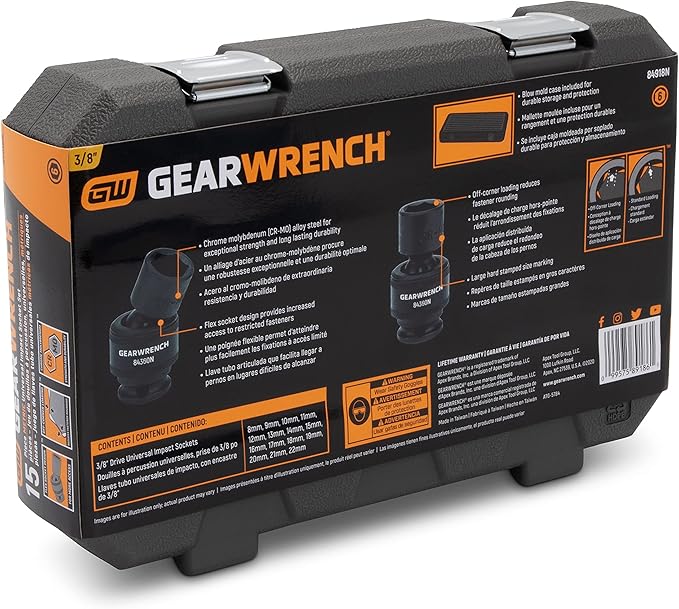 GEARWRENCH 15 Piece 3/8inch Drive 6 Point Universal Impact Socket Set, Metric - 84918N (Pack of 6)