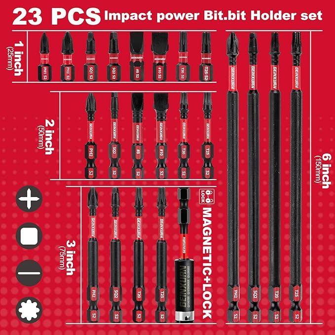 Impact Tough Magnetic Mixed 23Pack Insert Driver Bits, S2 Alloy Steel Screwdriver Power Bits Set with 1Pcs Impact Magnetic Bit Holder