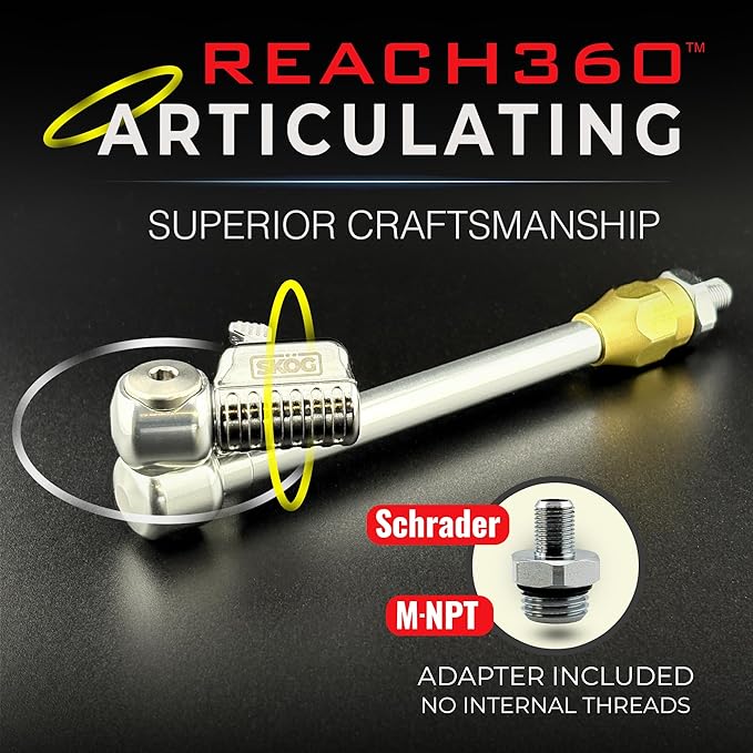 SK횜G Chuck Mates Reach360 Articulating 7-inch Extension for Tire Inflators | 1/4" F-NPT & Schrader Adapter | Dually Trucks RV Bicycle Car Semi