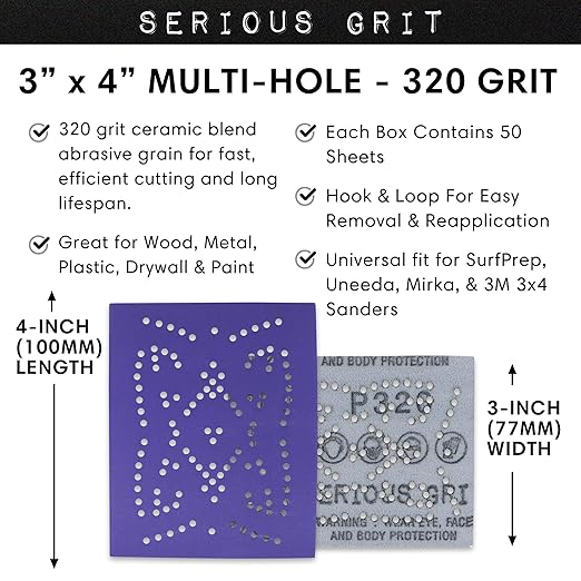 Serious Grit - 3" x 4" 320 Grit Sanding Sheets - Advanced Ceramic Grain - Universal Multi-Hole Design Fits Surfprep, Uneeda, Mirka, 3M, & Any 3x4 Sanders - Heavy-Duty Hook & Loop Film-Backed - 50 Pack
