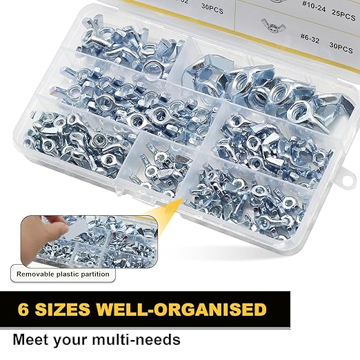 Siptenk SAE Wing Nuts 125PCS, #6-32#8-32#10-24 1/4"-20 3/8"-16 5/16"-18 Wingnuts 6 Assorted Sizes Carbon Steel Zinc Plated Butterfly Wing Nut Fasteners Hardware Assortment Kit