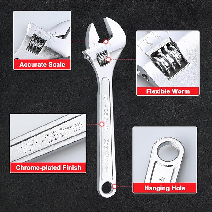 CRAFTZONE Adjustable Wrench Set, 3pc Wrench Sets with SAE and Metric Scales, Heat-Treated Carbon Steel with Chrome Plated, Wide Jaw Wrenches for Home, Plumbing, Garage (6, 8, 10 Inch)