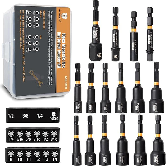 MulWark Magnetic Nut Driver Set 16 pcs Impact Driver Bit Set - Deep 1/4??Hex Shank Drill Bit Set - Impact Socket Adapters - Bit Extension Quick Change Torx Bit Set ??Christmas Tool Gift