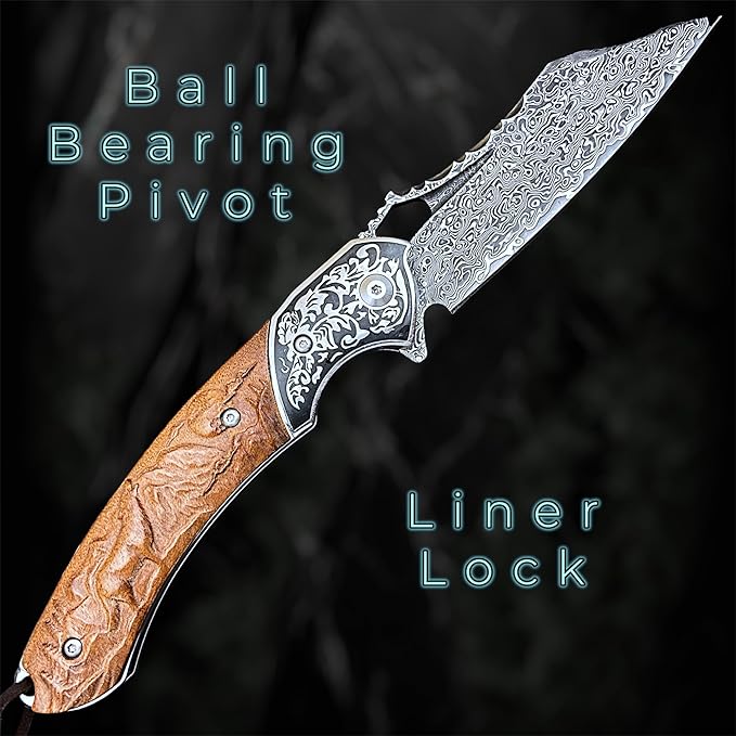 TACTICAL GEARZ Damascus Pocket Knife, Custom Carved Rosewood Handle, Includes Custom Leather Sheath (Timber XT)