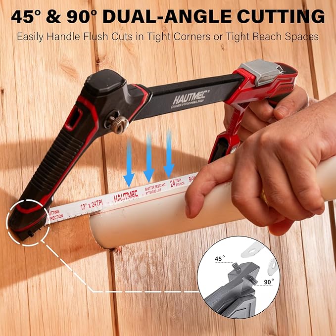 HAUTMEC 12" Fast High-Tension Hacksaw with 5 Extra Bi-Metal Blades, Heavy-Duty Aluminum Hack Saw with Ergonomic Non-Slip Handle, Quick-Change Tension, Blade Storage & Dual Cutting Angles - HTHSH25034